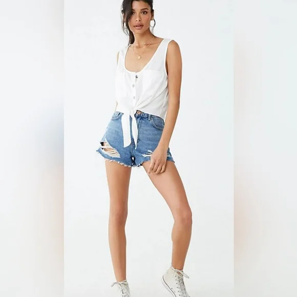 FOREVER 21 | NWT Western Sleeveless Button-Front Tie-Hem Tank S White - Picture 5 of 11